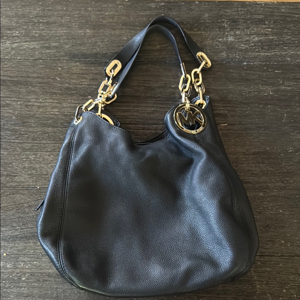 Michael Kors Black Leather Shoulder Bag with Gold Accents